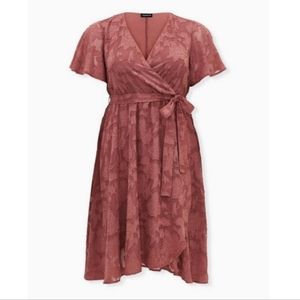 Pink Floral Burnout Jacquard Wrap Midi Dress